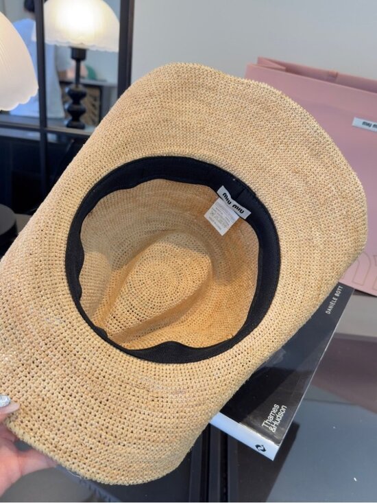 Miu Miu Natural Raffia Straw Western Hat Red Cord Band Embroidered Logo - Picture 6 of 8